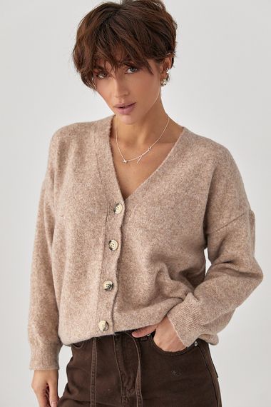 В'язаний кардиган на ґудзиках з V-подібним вирізом - світло-коричневий цвет, ONE SIZE (є розміри) | Зображення 4