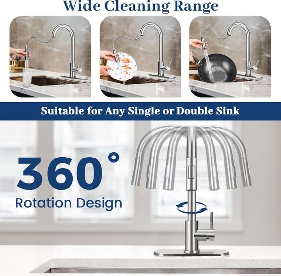 Змішувач для кухні з висувним шлангом та розпилювачем, нержавіюча сталь, обертання 360°, гнучкий кухонний змішувач для раковини | Зображення 3