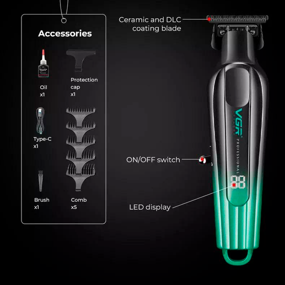 Триммер для стрижки аккумуляторный VGR V-935 GREEN, 5 насадок, 7000 RPM, LED дисплей | Зображення 2