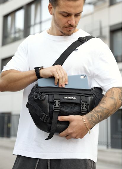 Большая мужская сумка бананка Sambag DynamicDart черная тканевая 38 × 21 × 7 см (80411701m) | Зображення 2