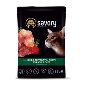 Вологий корм пауч Savory для дорослих котів, ягня та буряк у соусі 85г