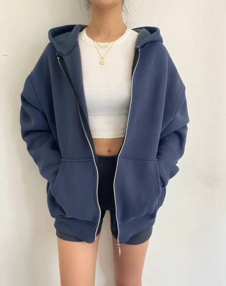 Жіноче зип-худі оверсайз на блискавці тепле на флісі з капюшоном розмір 48/52 колір темно-синій GF052 | Зображення 1