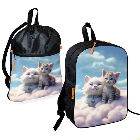 Школьный рюкзак детский с котенком + Сумка для обуви спортивной формы рюкзак-мешок  для мальчика (01701)