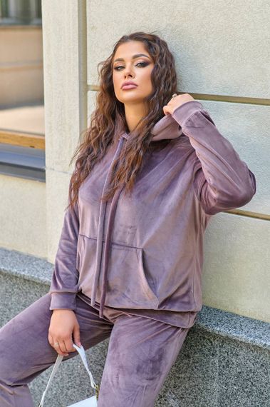 Женский велюровый спортивный костюм худи и штаны, большие размеры и батал, SS160 цвет фрезовый, размер 52/54 | Зображення 3