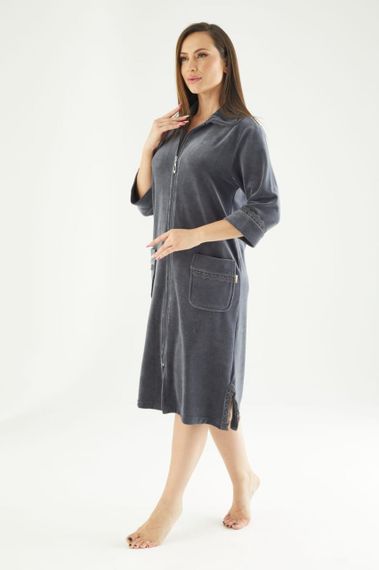 Женский халат Nusa 0321 велюровый на молнии, антрацит 3XL | Зображення 3