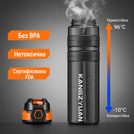 Спортивная бутылка KANGZYUAN 500 мл - Черная Tritan BPA-free, ударопрочная эко-бутылка с антискользящим грипом | Зображення 4