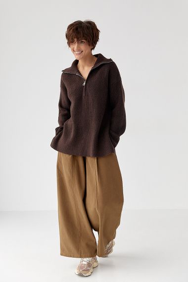 В'язаний светр із високою горловиною на блискавці - коричневий цвет, ONE SIZE (є розміри) | Зображення 2