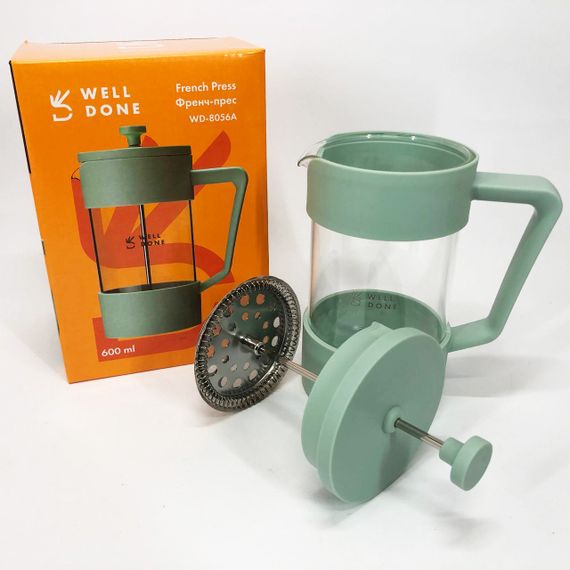 Френч-прес Well Done WD-8056A 600 мл м'ятний, Стильний скляний чайник для заварювання, Френч для чаю | Зображення 3