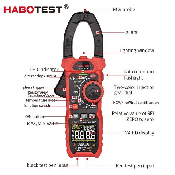 Мультиметр Затискний вимірювач HT208D DC1000В/1000A, AC750В/1000A Digital clamp meter для сонячних панелей | Зображення 7