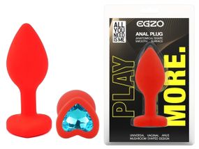 Анальная пробка EGZO Red Heart Plug S с голубым кристаллом, красная силиконовая Sex Aura