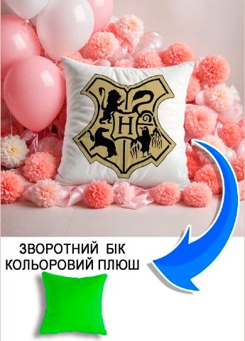 Подушка плюшева Мерч Крафт Дизайн з принтом Hogwarts 3 салатовий плюш квадратна 33х33 см