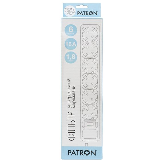 Мережевий фільтр живлення Patron 1.8 m3*1.5mm2 (SP-1662) 6 розеток BLACK (EXT-PN-SP-1662) | Зображення 1