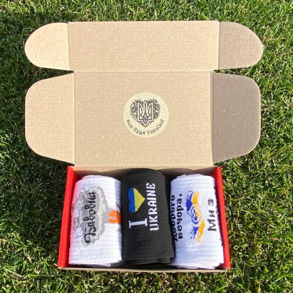 Подарочный набор бокс патриотичных мужских носков в коробке размер 40-45 3 пары разные цвета ч3укр17 | Зображення 1