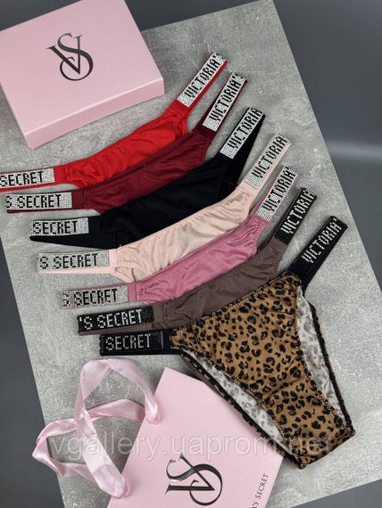 Подарочный Набор женских трусиков Victoria`s Secret (3 шт) бразилиана со стразами в брендовой коробке Леопардовый/Черный/Коричневый, L | Зображення 7