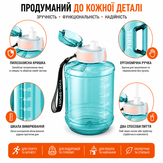 Спортивная бутылка TKK 2300 мл (2.3 л) - Бирюзовая Tritan BPA-free, ударопрочная эко-бутылка с ручкой и клапаном | Зображення 5