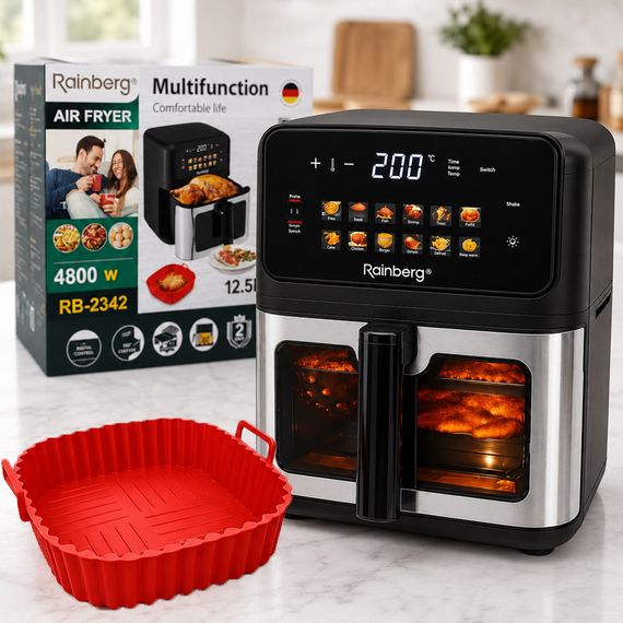 Аерогриль Rainberg RB 2342 4800W аерофрітюрниця безмасляна для приготування без олії з 2 Тенами 12,5 л та сенсорним керуванням | Зображення 3