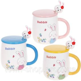 Кружка фарфоровая "Rabbit" 430мл с крышкой и ложкой, 3 дизайна BD-927-223