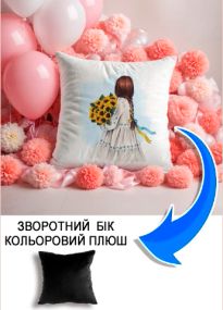Подушка плюшева Мерч Крафт Дизайн з принтом дівчина з соняшниками чорний плюш квадратна 33х33 см