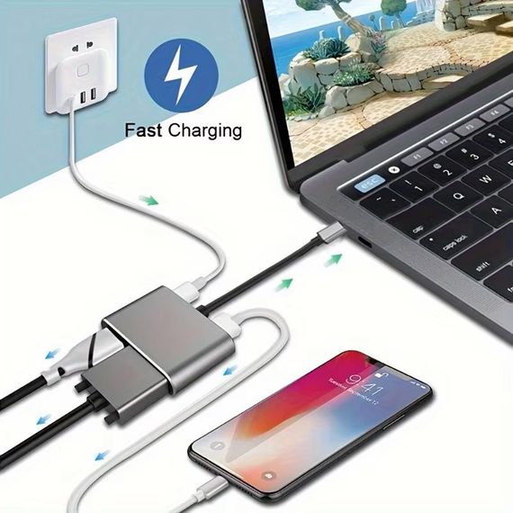 Концентратор Type-C 4 в 1, адаптер type-c 3.0 до 4K HDMI HDTV, VGA USB 3.0 PD, розгалужувач швидкої зарядки | Зображення 1