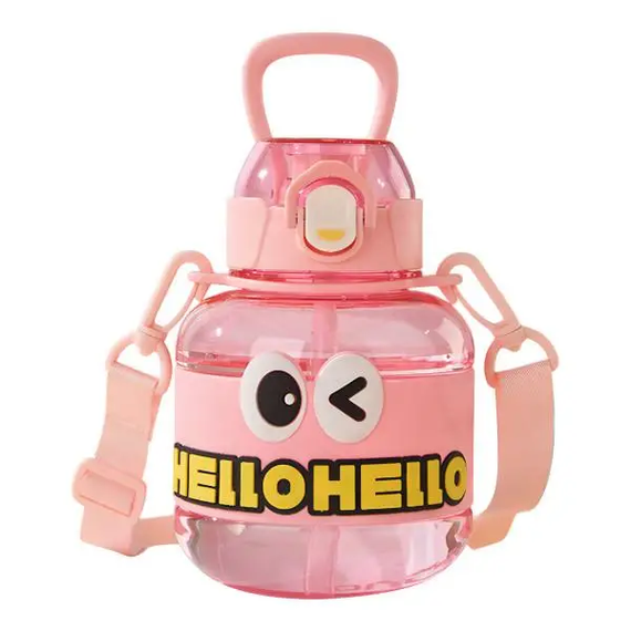 Бутылка для воды детская с трубочкой 680 мл с ручкой и ремешком Рожева HP-14-46P