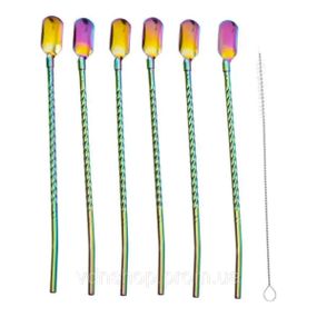 Набор многоразовых ложек-трубочек 6 шт для напитков 22 см с щеткой для мытья из нержавеющей стали Хамелеон HP-20-21