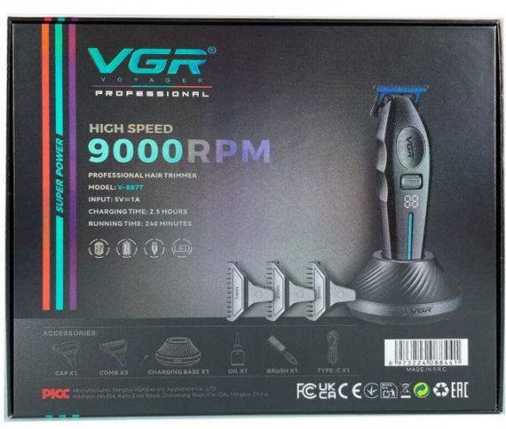 Тример для стрижки волосся VGR V-887T роторний LED-дисплей 3 насадки керамічні леза з підставкою 5 Вт Чорний | Зображення 7