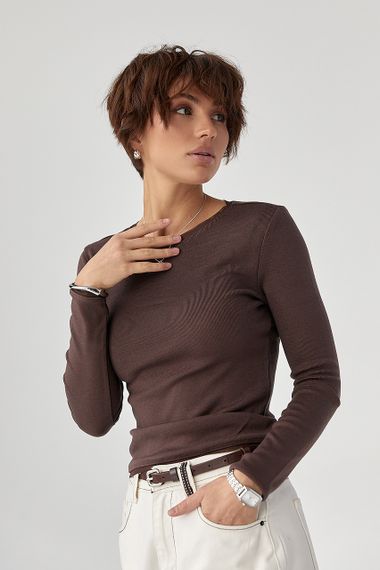 Однотонний лонгслів із сітчастою окантовкою - коричневий цвет, S (є розміри)