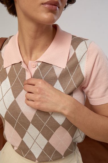 В'язана футболка-поло з ромбами - пудра цвет, ONE SIZE (є розміри) | Зображення 3