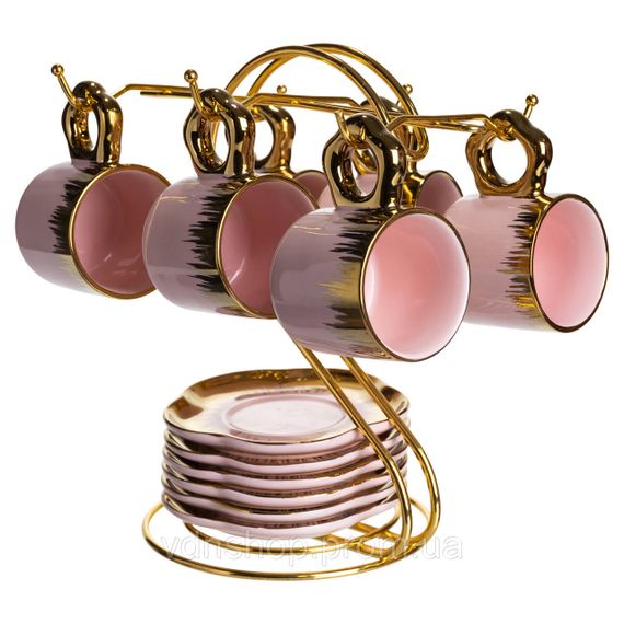 Набор чашек для кофе на металлической подставке 6 (шт) по 100 (мл) подарочный кофейный сервиз набор чашек Розовый с золотом FM-48 | Зображення 5