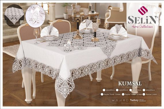 Льняна скатертина з ранером Selin Kumsal Set 160×220+8 серветок кремова