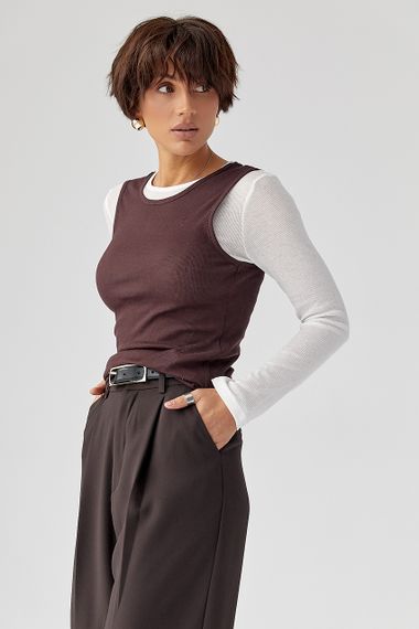 Двошаровий лонгслів у рубчик з імітацією жилетки - коричневий цвет, M (є розміри)