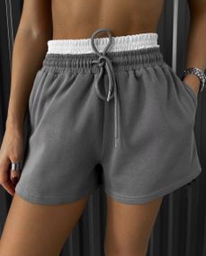 Жіночі короткі шорти трикотажні з подвійним поясом колір сірий розмір 42/46 PP027