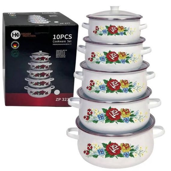 Набор эмалированных кастрюль 10 предметов с крышками Zepline ZP-321 Белый