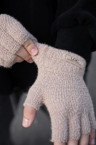 Теплі зимові міхові перчатки рукавиці без пальців 7-52А Without UGC Beige | Зображення 3