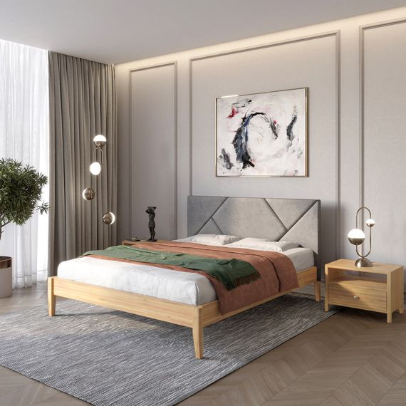 Двоспальне дерев&#039;яне ліжко Mebigrand Нью-Йорк ДК Горіх світлий/Аляска 93 (Сірий) 160х190 см (MBG-10370)