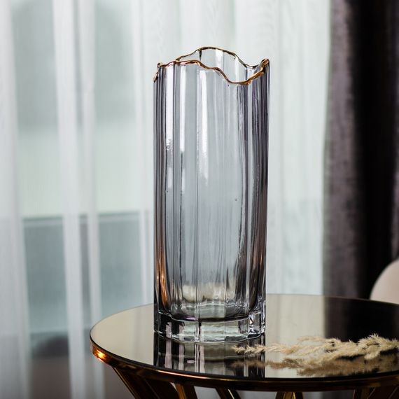 Стеклянная ваза для цветов, декоративная, серая с золотой окантовкой, 30 см HP-1717 | Зображення 3