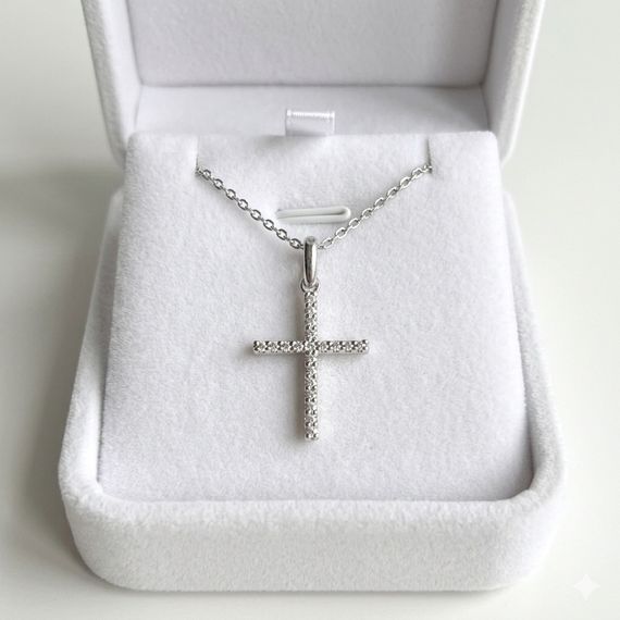 Срібний жіночий хрестик із білими фіанітами, 3 см, родований, без розп'яття