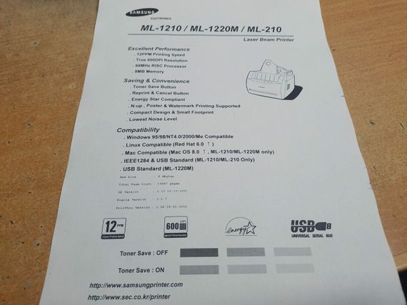Принтер Samsung ML-1210 / Лазерная монохромная печать / 600x600 dpi / 12 стр./мин / A4 / USB 2.0, LPT б/у | Зображення 3