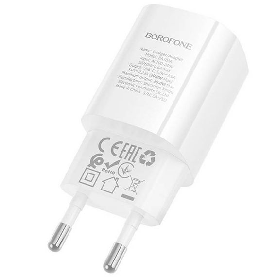 СЗУ Borofone BA103A Pudding PD20W (1USB-C) White | Зображення 1