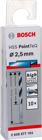 Свердло по металу Bosch HSS-PointTeQ, 2.5х30х57мм, 10шт (2.608.577.193) | Зображення 1