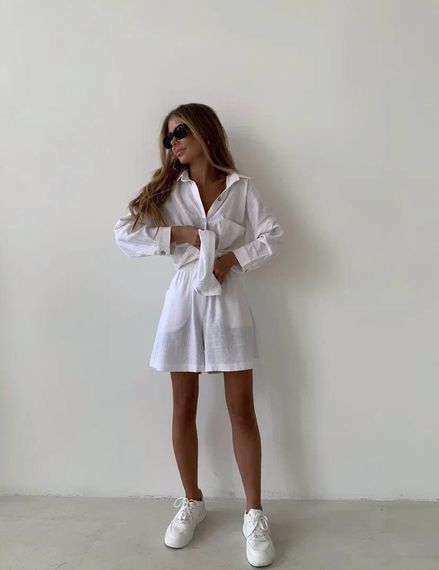 Женский летний костюм рубашка и шорты BF167 цвет белый, оверсайз 42/46