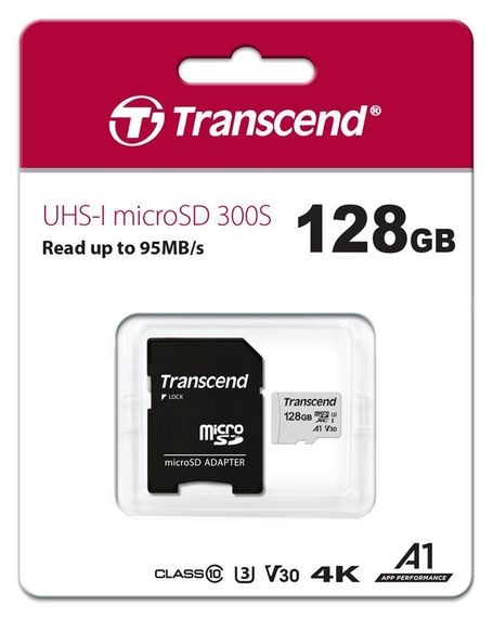 Карта памяти Transcend 128GB microSDXC C10 UHS-I R95/W45MB/s + SD адаптер (TS128GUSD300S-A) | Зображення 1