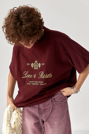 Футболка вільного фасону з вишитими написами - бордо цвет, ONE SIZE (є розміри) | Зображення 4