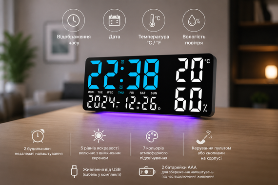 Часы настенные GH9002 / Цифровые настенные, настольные LED-часы / Часы + календарь, температура, влажность | Зображення 5
