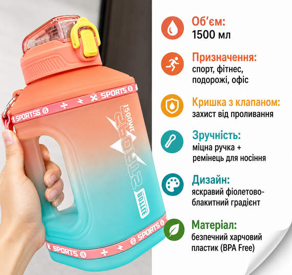 Эко-бутылка для воды SPORTS BOTTLE (1500 мл) - Оранжевый градиент со встроенной ручкой | Зображення 3