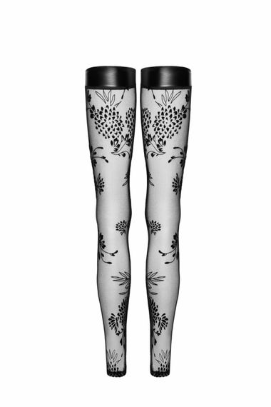 Панчохи без миска Noir Handmade F243 Tulle stockings with patterned flock embroidery, XXL | Зображення 4
