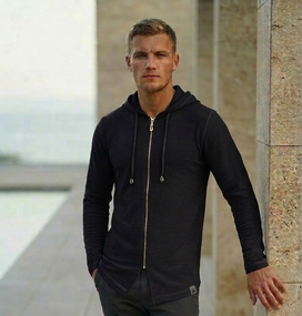 Чоловіча трикотажна сорочка чорна з капюшоном на блискавці, літня демісезонна кофта кулір батал 68