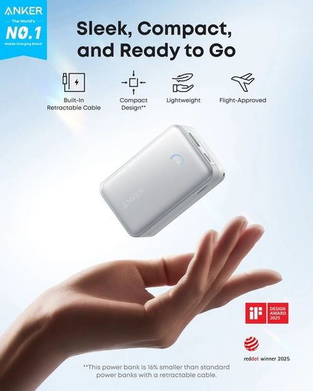 Портативний зарядний пристрій Anker Nano - 10000 mAh 45W Built-In USB-C Cable White | Зображення 2