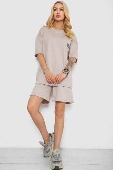 Женский летний костюм оверсайз шорты и футболка цвет бежевый размер S/M 241R5004 | Зображення 1