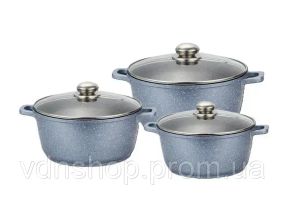 Кухонный набор кастрюль с крышками Benson BN-299 из литого алюминия и мраморным антипригарным покрытием объемом 1.5/2.2/3.2 л.